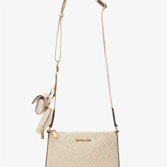 Michael Kors Gold and Cream Jet Set Travel Crossbody with Tech Attachments